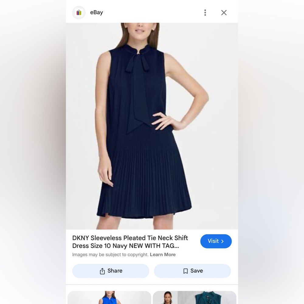 DKNY Dress Size 8 Navy Blue Sleeveless Pleated Tie Neck Shift Dress PERFECT 💙 - Picture 10 of 10
